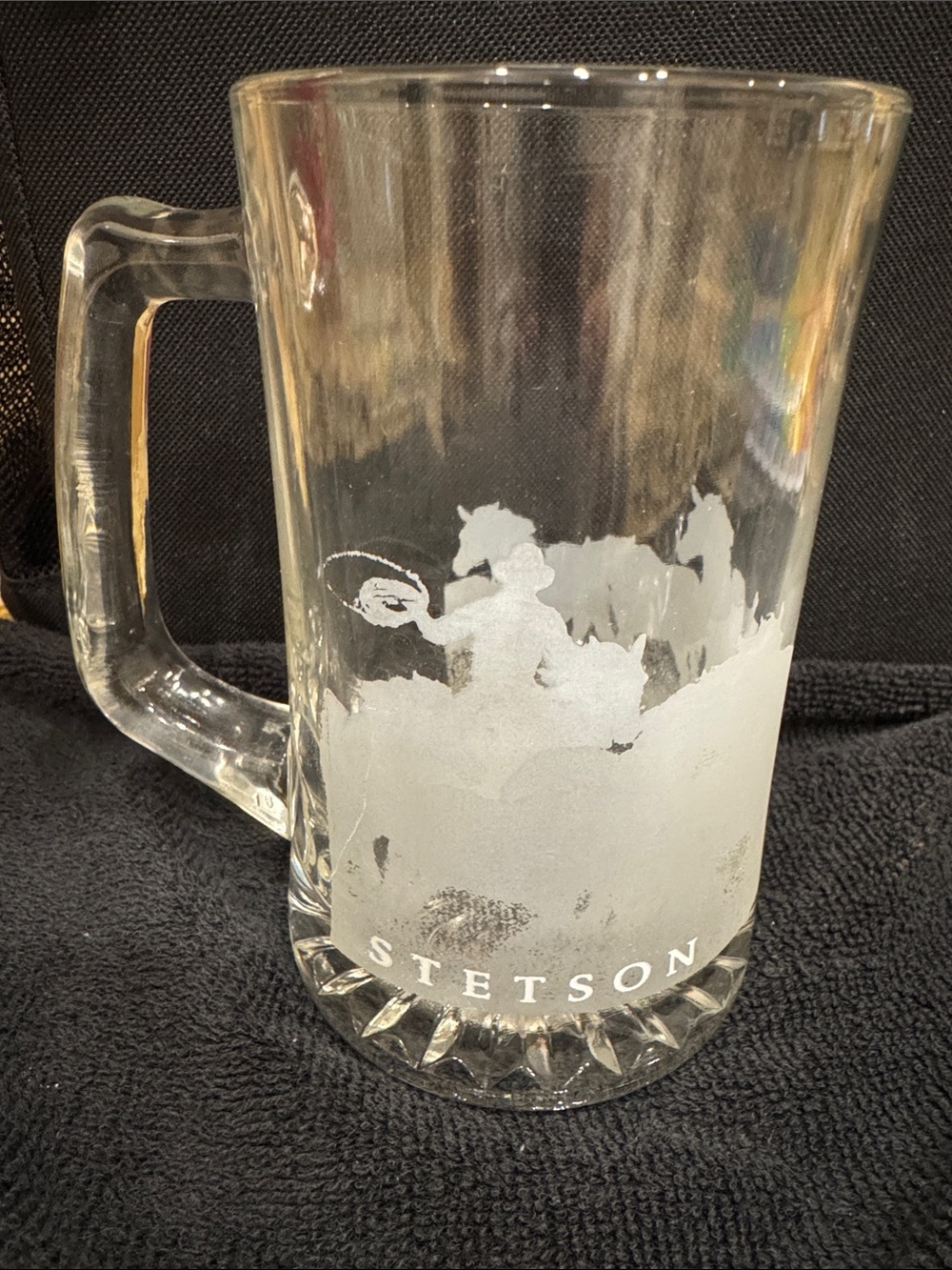 Vintage Stetson Etched Glass Beer Stein - Clear Frosted Design